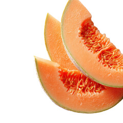Juicy cantaloupe slices bursting with refreshing sweetness and vibrant color for healthy summer enjoyment, isolated on a transparent background