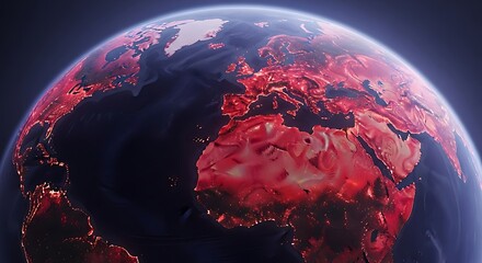 Global view of Earth at night with vibrant red glowing city lights illuminating continents, symbolizing connectivity and human presence.