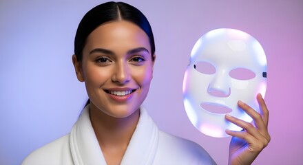 Smiling Woman with LED Light Face Mask for Skin Care Treatment and Rejuvenation