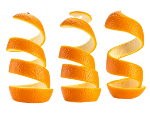 Two views of a fresh orange peel spiraled into a continuous curl, isolated on a transparent background. Realistic citrus twist perfect for cocktail garnish designs, food decoration assets, png