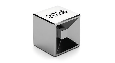Obraz premium Shiny metallic cube with the year 2026 engraved, representing future goals and planning.