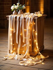 Rustic wooden bar decorated with flowing ribbons and warm fairy lights