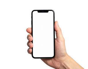 Hand holding smartphone mockup as png photo with blank screen isolated on white background. mobile phone hand png