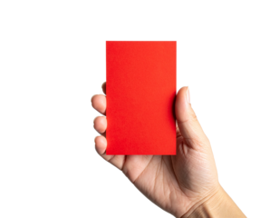 A hand firmly holds a bright red card, isolated against a clean white background