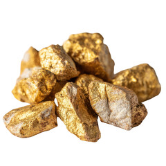 Rich gold nuggets piled high symbolizing wealth and prosperity for financial success, isolated on a transparent background