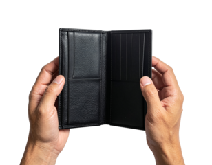 Man's hands holding an open, empty black leather wallet