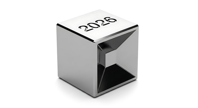Shiny metallic cube with the year 2026 engraved, representing future goals and planning.