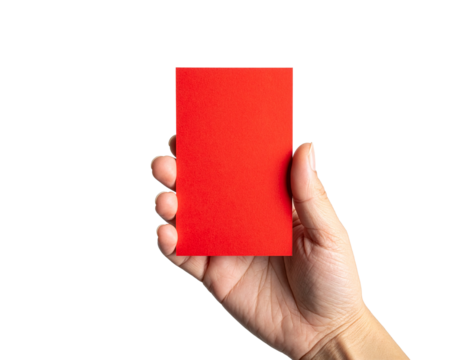 A hand firmly holds a bright red card, isolated against a clean white background - Powered by Adobe