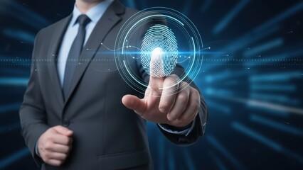 Businessman pointing thumb icon on glowing fingerprint scan for digital identity verification and biometric access
