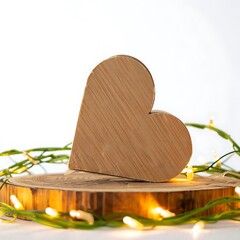 Rustic wooden heart decoration with warm fairy lights