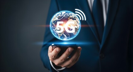 Global 5G Network Man Holding Phone Connecting World with Wireless Technology