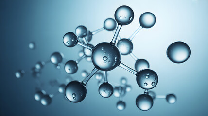 Close up of a shimmering water molecule structure with interconnected spheres and reflective surfaces on a cool blue background