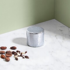 Silver coffee grinder with roasted coffee beans on a marble surface