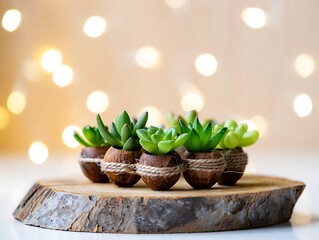 Small potted succulents arranged on a rustic wooden slice with bokeh lights