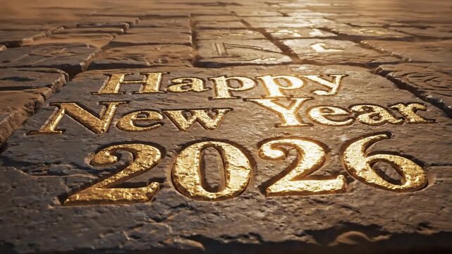 Happy New Year 2026 Golden Text Engraved Stone Desert Road Path