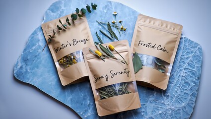 Three kraft paper pouches filled with dried herbs and spices