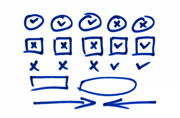 Set of doodle check marks in circle and square frames, featuring brush stroke ticks and wrong cross markers.