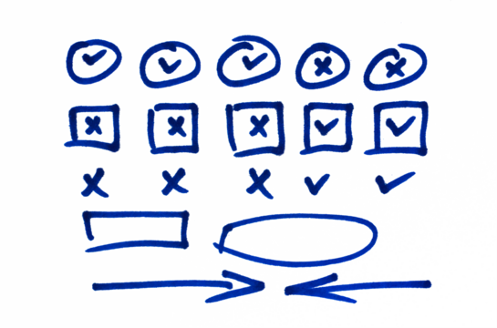 Set of doodle check marks in circle and square frames, featuring brush stroke ticks and wrong cross markers.
