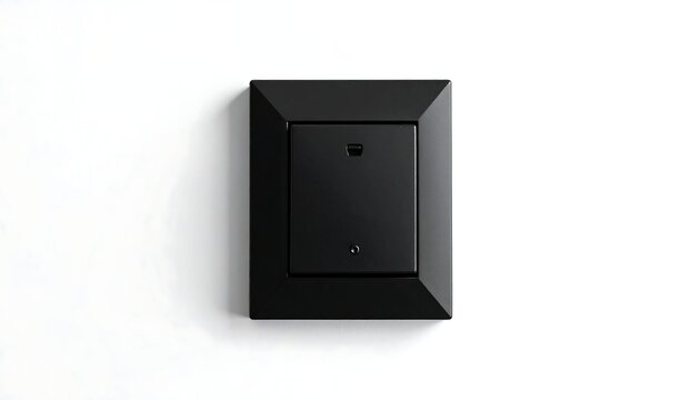 A sleek, minimalist electrical switch. A black, rectangular plate mounted on a white wall. Two small holes are visible in the center