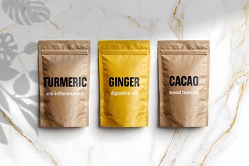 Three pouches of organic turmeric ginger and cacao powder on a white background