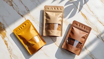 Three resealable pouches with clear windows filled with dry goods on a marble surface