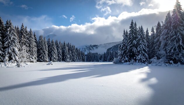 A serene winter scene with snow-covered trees framing a frozen lake under a partially cloudy sky. Long shadows stretch across the landscape - Powered by Adobe