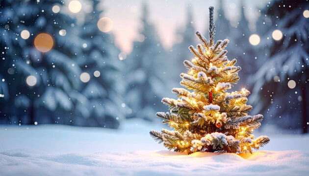 Small glowing Christmas tree decorated with warm fairy lights standing in a snow-covered winter forest. Magical holiday background, snowy landscape, or cozy festive scene with soft bokeh lights.