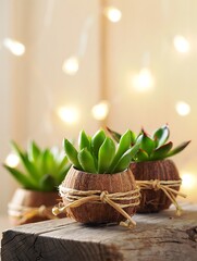 Three small potted succulents with bokeh lights in the background