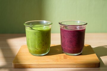 Two colorful healthy smoothies in clear glasses on a wooden board