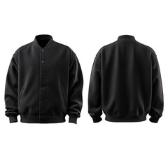 Sleek black bomber jacket shown front and back, perfect for modern fashion mockups., isolated on a transparent background