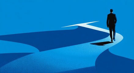 Obraz premium A blue background serves as the setting for a man standing on the arrow of an upward curving path
