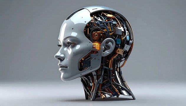 A sleek, robotic female head. Metallic skin contrasts with exposed internal wiring and technology. Soft, neutral background