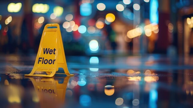 Yellow wet floor caution sign on shiny reflective surface with blurred colorful city lights in background at night. - Powered by Adobe
