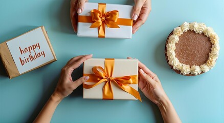 Top view of hands exchanging beautifully wrapped birthday gifts with orange ribbons beside a cake on a pastel blue background. Perfect cheerful composition symbolizing joy, surprise, and celebration