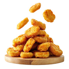 Crispy golden chicken nuggets cascade onto a rustic wooden board creating a delicious snack pile, isolated on a transparent background