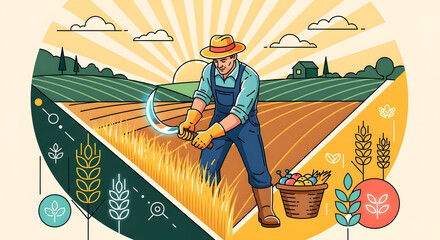 Dedicated farmer diligently harvests golden wheat fields at sunrise, symbolizing abundance and a bountiful harvest with fresh produce.