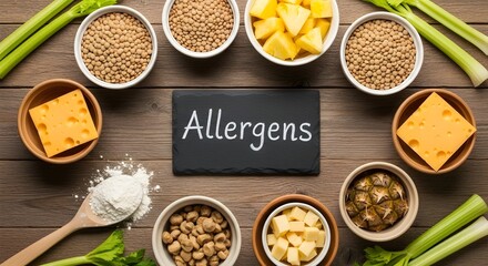 Allergen Awareness A Colorful Array of Common Allergenic Foods Displayed on Wooden Board