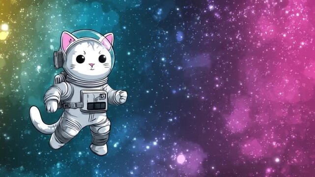 A white cat in a classic silver space suit drifts through a vivid, starry nebula backdrop with glow!