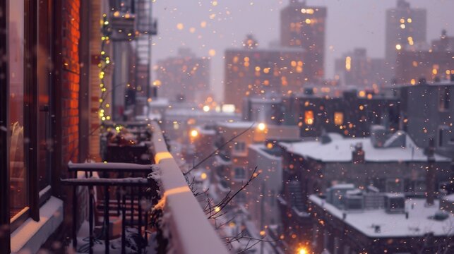Snowfall over a cityscape at dusk with buildings, rooftops, and a balcony covered in snow. Urban winter scene with blurred city lights in the background.