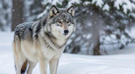 Naklejka premium Winter sentinel: A lone wolf stands amidst snowfall in a serene snowy landscape offering a scene