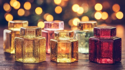 Small, brightly colored objects with hexagonal shapes are laid out on a dark background