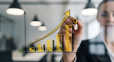 Business growth concept woman drawing an upward trend arrow on a glass board