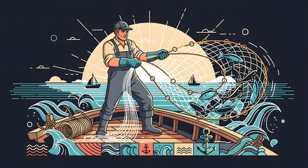 Dedicated fisherman skillfully casts net into choppy ocean waters, hauling in a bounty of fresh fish as the sun sets over sailboats