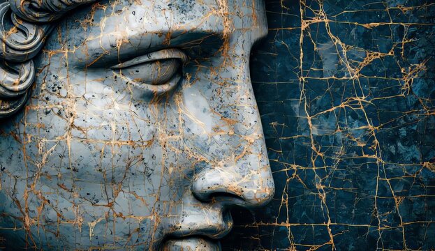 The face, which is adorned with a gold mask, is positioned in front of a black backdrop and exhibits a high level of intricacy