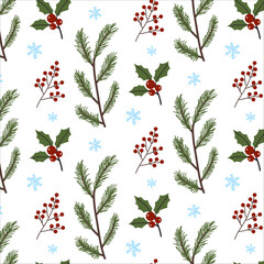 Decorative pattern featuring holly, pine branches, and snowflakes on a white background for seasonal festivities