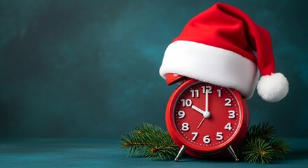 Red Alarm Clock with Santa Hat Christmas Time Countdown to New Year Celebration
