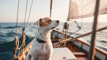 A brown and white mixed-breed dog sits on a sailboat deck, gazing at the ocean under a clear sky. The boat sails smoothly on calm waters.