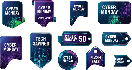 Cyber Monday sale tag illustration—futuristic promotional labels with neon gradients, circuit patterns, and bold text for online shopping visuals