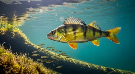 Yellow Perch Amongst Submerged Plants Under Clear Water | Aquatic Wildlife Scenery