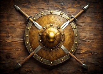 Ancient viking shield and crossed swords on wooden background
